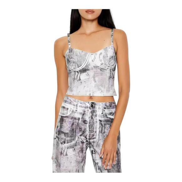 Forever 21 Abstract Print Denim Cropped Cami Size Small New - Picture 1 of 8